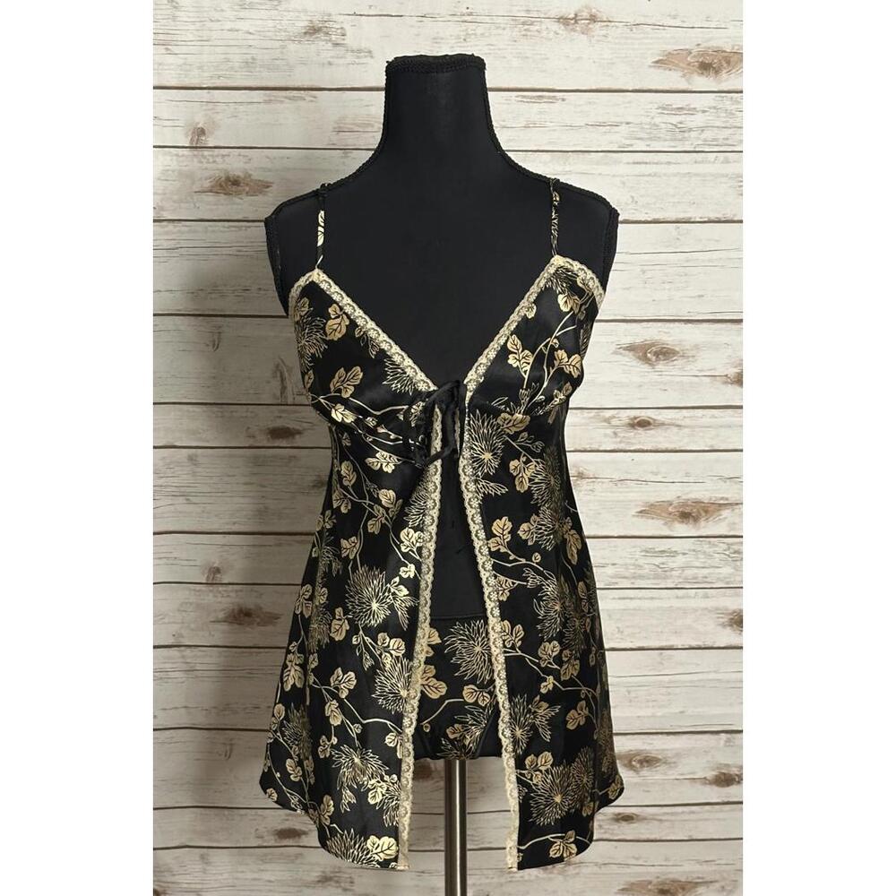 Vintage Victoria's Secret black/gold floral lace-trim satin matching set Small